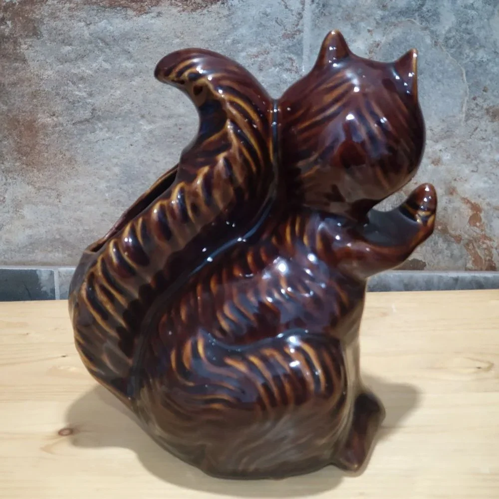 Vintage Gold Brown Squirrel Planter Vase Clay Pottery